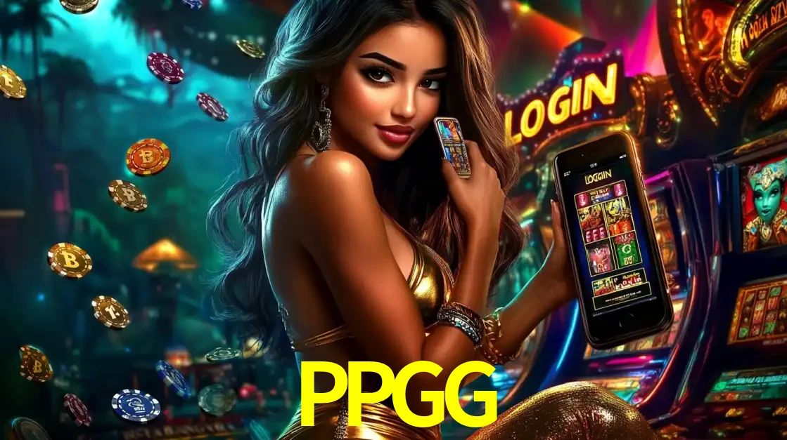 Mulher em um cenário de cassino temático de aventura, mostrando o app de caça-níqueis da PPGG no celular. Fichas de apostas flutuam ao redor.