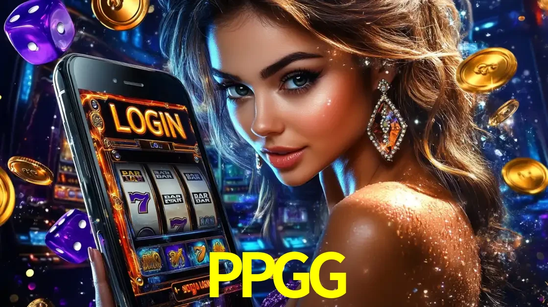 Mulher glamorosa segurando um smartphone com a tela de login para os jogos de caça-níqueis do cassino online PPGG, com moedas de ouro e dados ao redor.