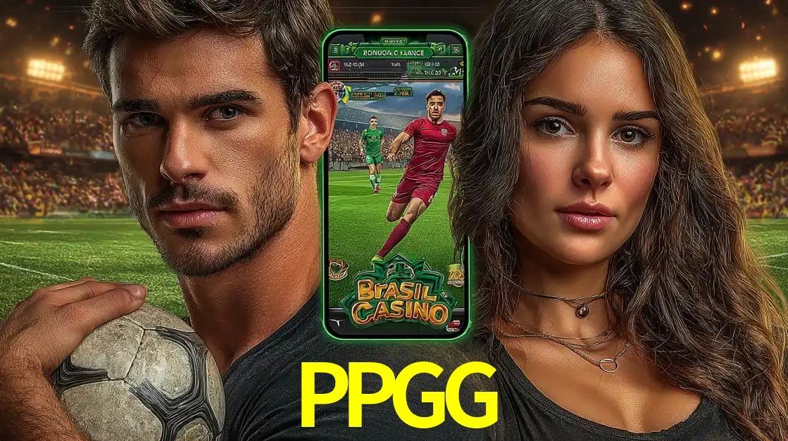 Homem segurando uma bola de futebol e uma mulher ao lado de um smartphone exibindo o jogo de apostas esportivas da PPGG. Faça seu palpite no cassino online.